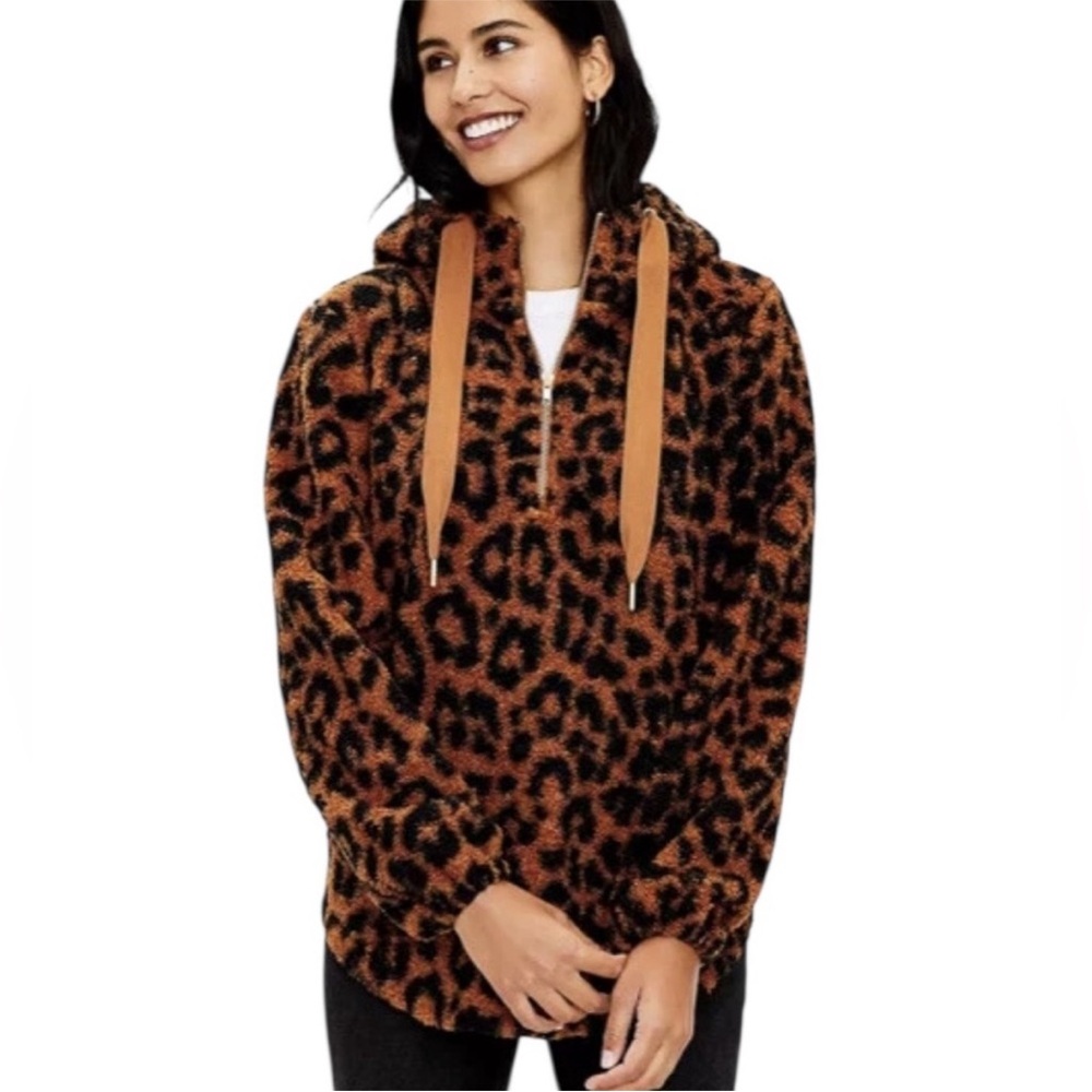 LOFT Leopard Print Sherpa Hoodie size L - Picture 2 of 6
